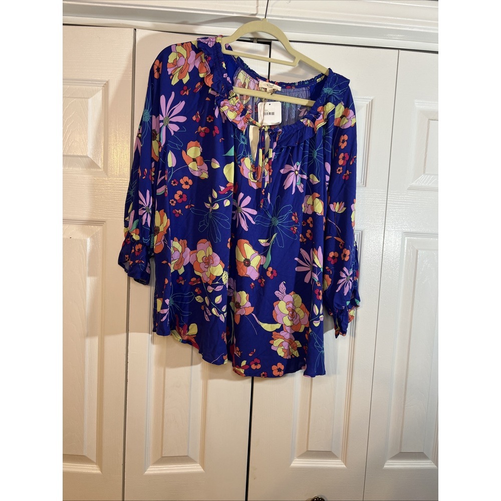 Easel‎ Floral Challis Babydoll Women's Size Large Boho 3/4 Lantern Sleeves NWT